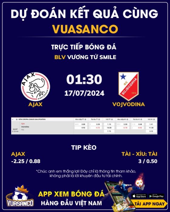 Soi kèo Ajax vs Vojvodina – 01h30 – 26/07 – VL Europa League