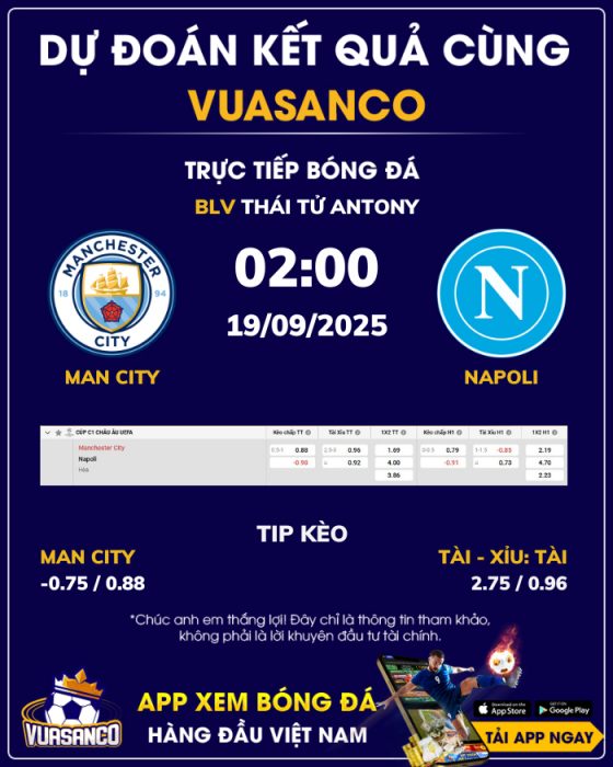Soi kèo Man City vs Napoli – 02h00 – 19/09 – Champions League
