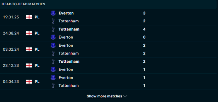 Lịch sử đối đầu Everton vs Tottenham