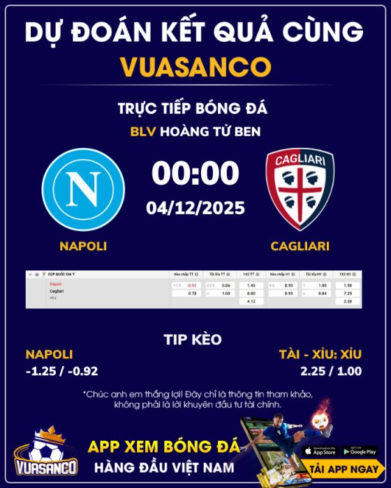 Soi kèo Napoli vs Cagliari – 00h00 – 04/12 – Cúp QG Ý