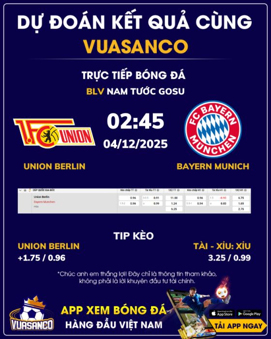 Soi kèo Union Berlin vs Bayern Munich – 02h45 – 04/12 – Cúp Đức