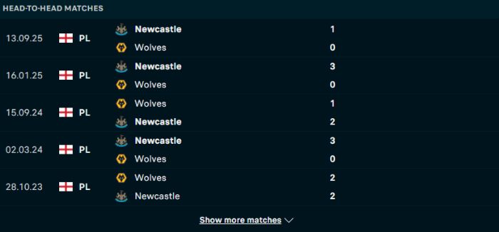 Lịch sử đối đầu Wolves vs Newcastle