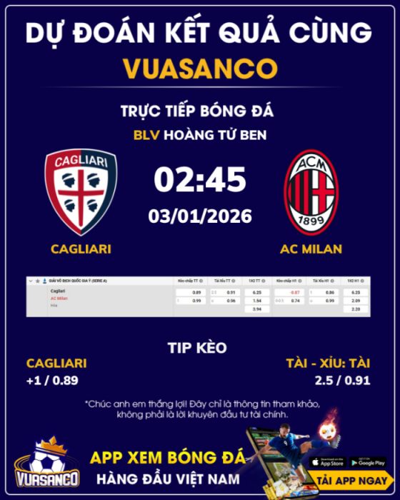 Soi kèo Cagliari vs AC Milan – 02h45 – 03/01 – Serie A