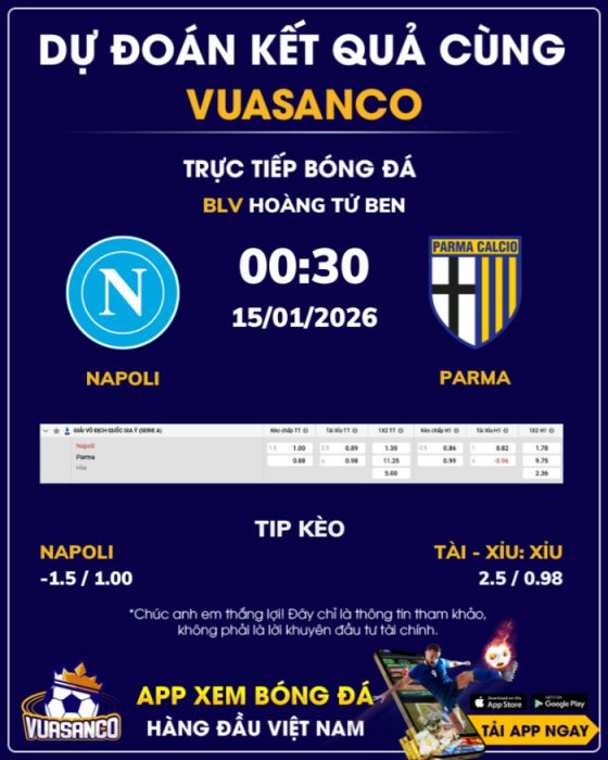 Soi kèo Napoli vs Parma – 00h30 – 15/01 – Serie A