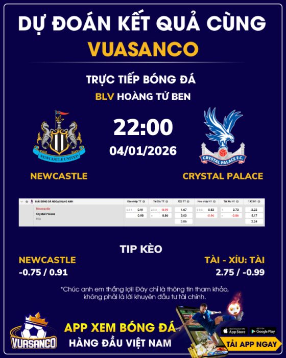 Soi kèo Newcastle vs Crystal Palace – 22h00 – 04/01 – Ngoại hạng Anh