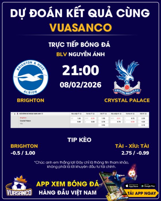 Soi kèo Brighton vs Crystal Palace – 21h00 – 08/02 – Ngoại hạng Anh